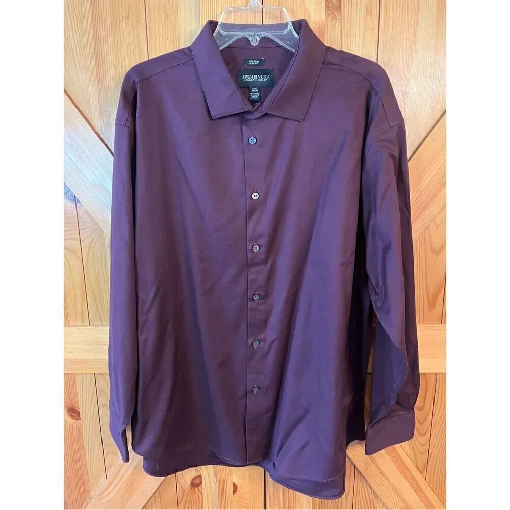 AWEARNESS KENNETH COLE MEN’S Sz 18.5 34/35 BUTTON DOWN SHIRT WINE SLIM FIT (3525